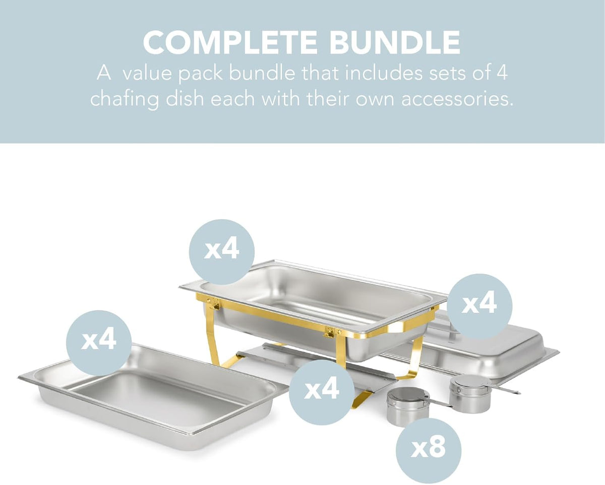 4 Pack 8QT Chafing Dish Full Set – Stainless Steel Catering Chafer with Lids, Pans & Fuel Holders – Buffet Food Warmers for Parties, Events & Weddings – Gold Frame
