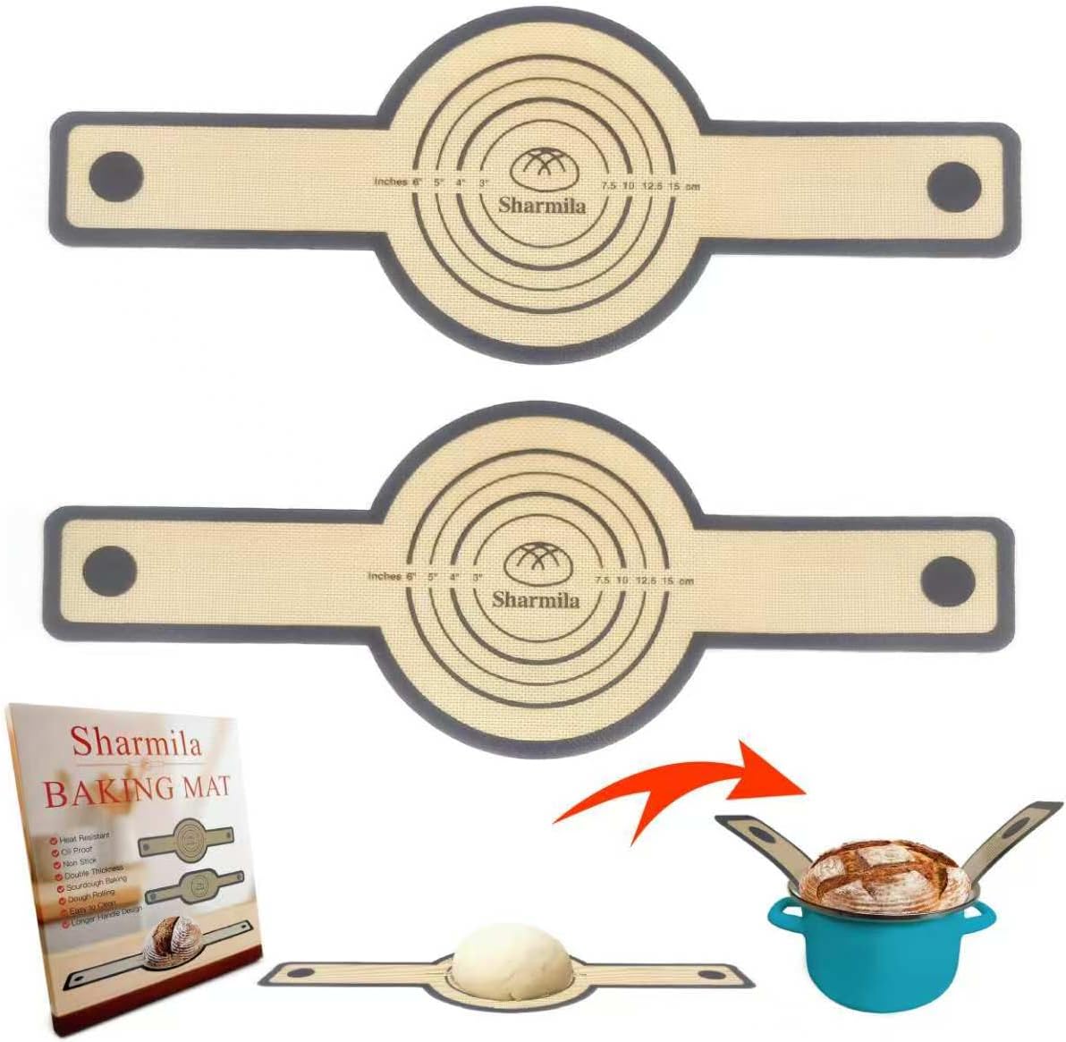 Silicone Bread Sling for Dutch Oven,[Non-Stick & Heat Resistant] Sourdough Silicone Bread Sling,2Pcs Round Reusable Bread Sling with Long Handles for Transfer Sourdough