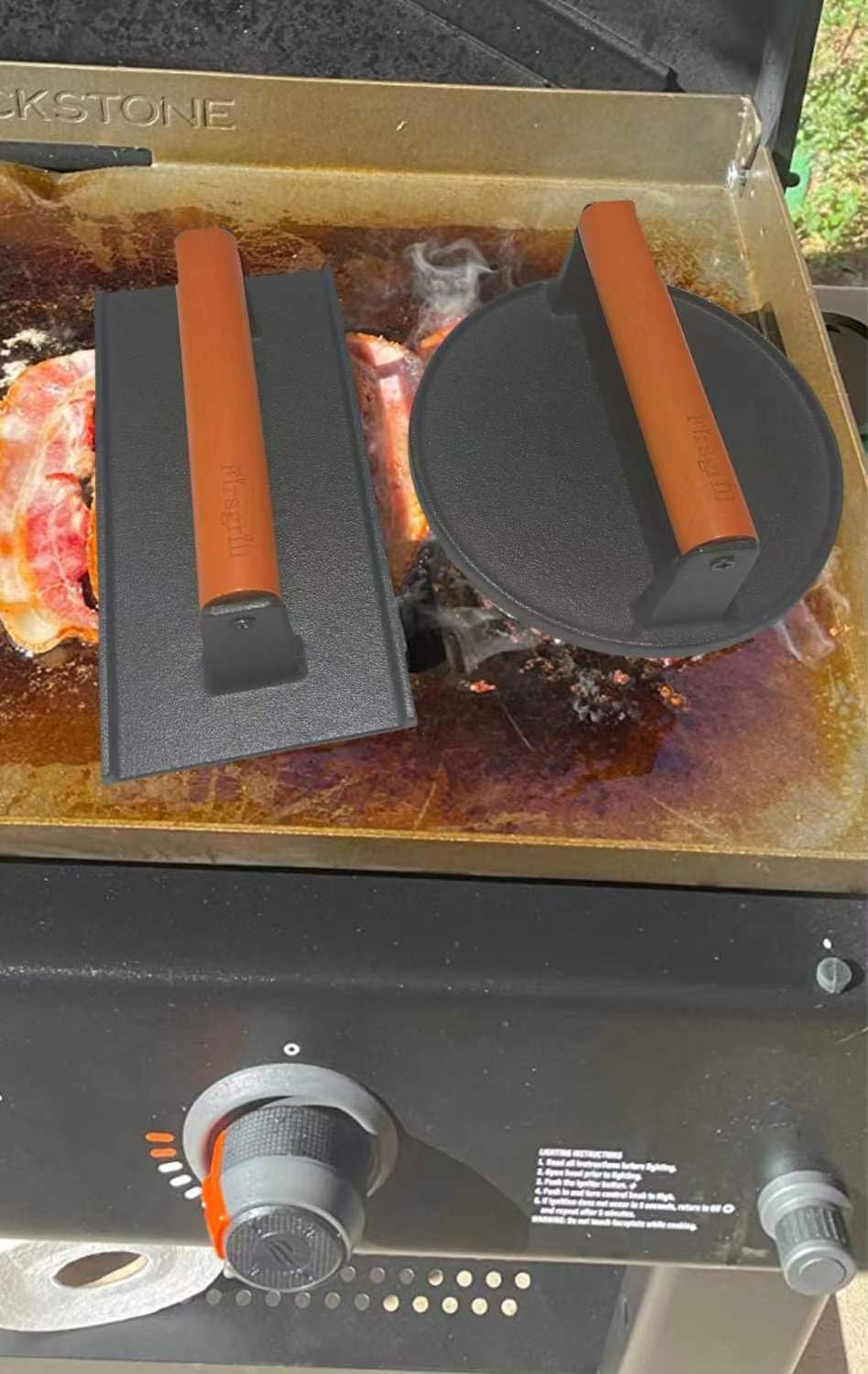 Cast Iron Grill Presses with Wood Handle (Round w Flat Bottom)