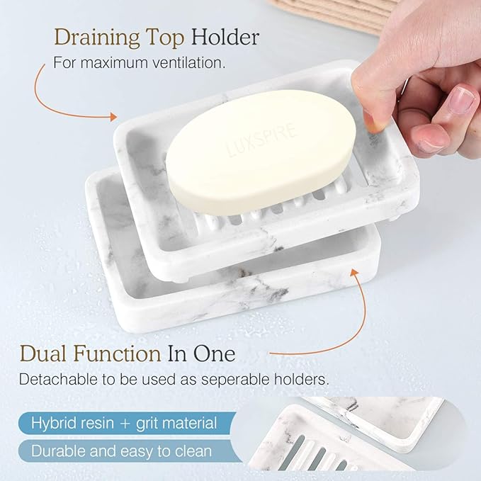 Luxspire Soap Dish Tray, Double Layer Draining Sponge Holder, Detachable Container Box for Bathroom Shower, Kitchen Sink Dish - White Marble