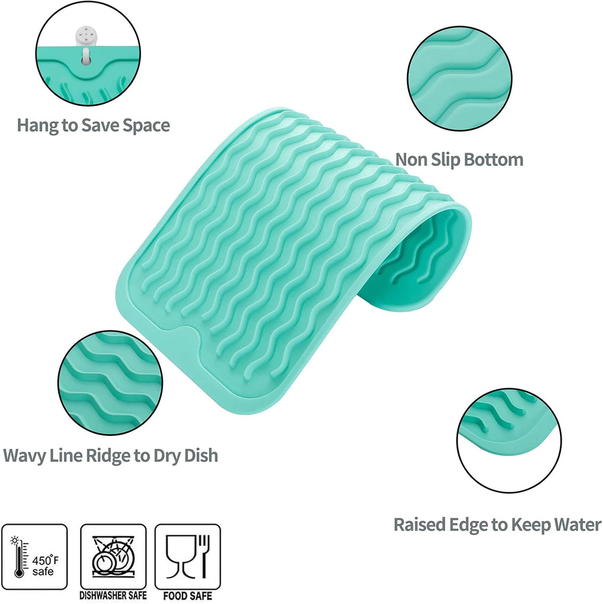 Silicone Dish Drying Mat for Multiple Usage,Easy clean,Eco-friendly,Heat-resistant Silicone Mat for Kitchen Counter or Sink,Refrigerator or Drawer Liner Mint S 12 inches x 6 inches
