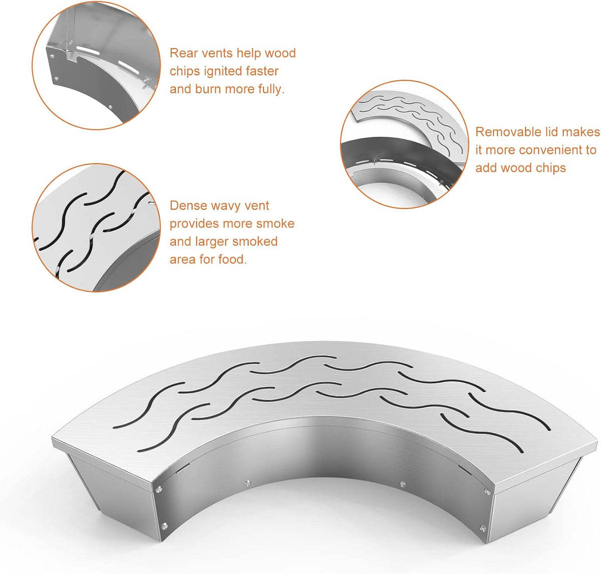 Onlyfire BBQ Smoker Box, Stainless Steel Fan-Shape Smoker Box with Removable Lid, Wood Chip Smoker Box for Charcoal Grills, Kamado Grills - Add Smokey BBQ Flavor to Your Foods, Design Patent
