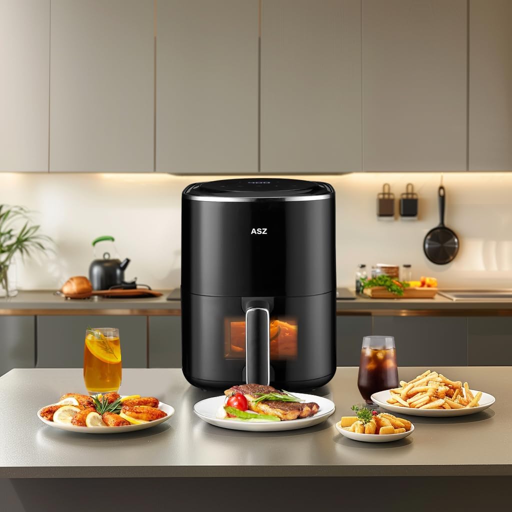 ASZ Digital Air Fryer 4.5qt with Window - Small Airfryer 8 Presets Bake Toast Broil Reheat Bacon - Black 400°F Airfryer 85% Oil Less,Nonstick Dishwasher-Safe Parts, Automatic Shutoff, Kitchen Gift