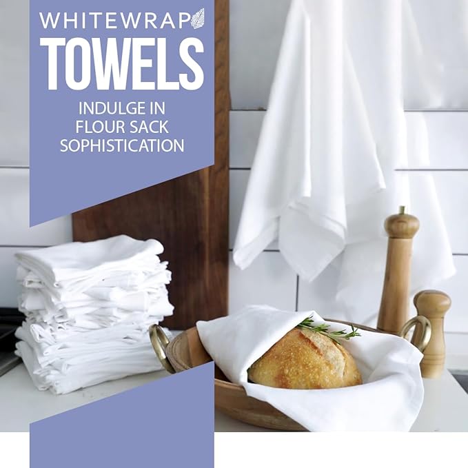 WHITEWRAP Flour Sack Towels| Tea Towel for Crafts| Kitchen Dish Cotton Blank Towel for Embroidery|Baking Bread Proofing Linen Cover| Thick Absorbent Quick Dry| 2 Pack 33"X38" White