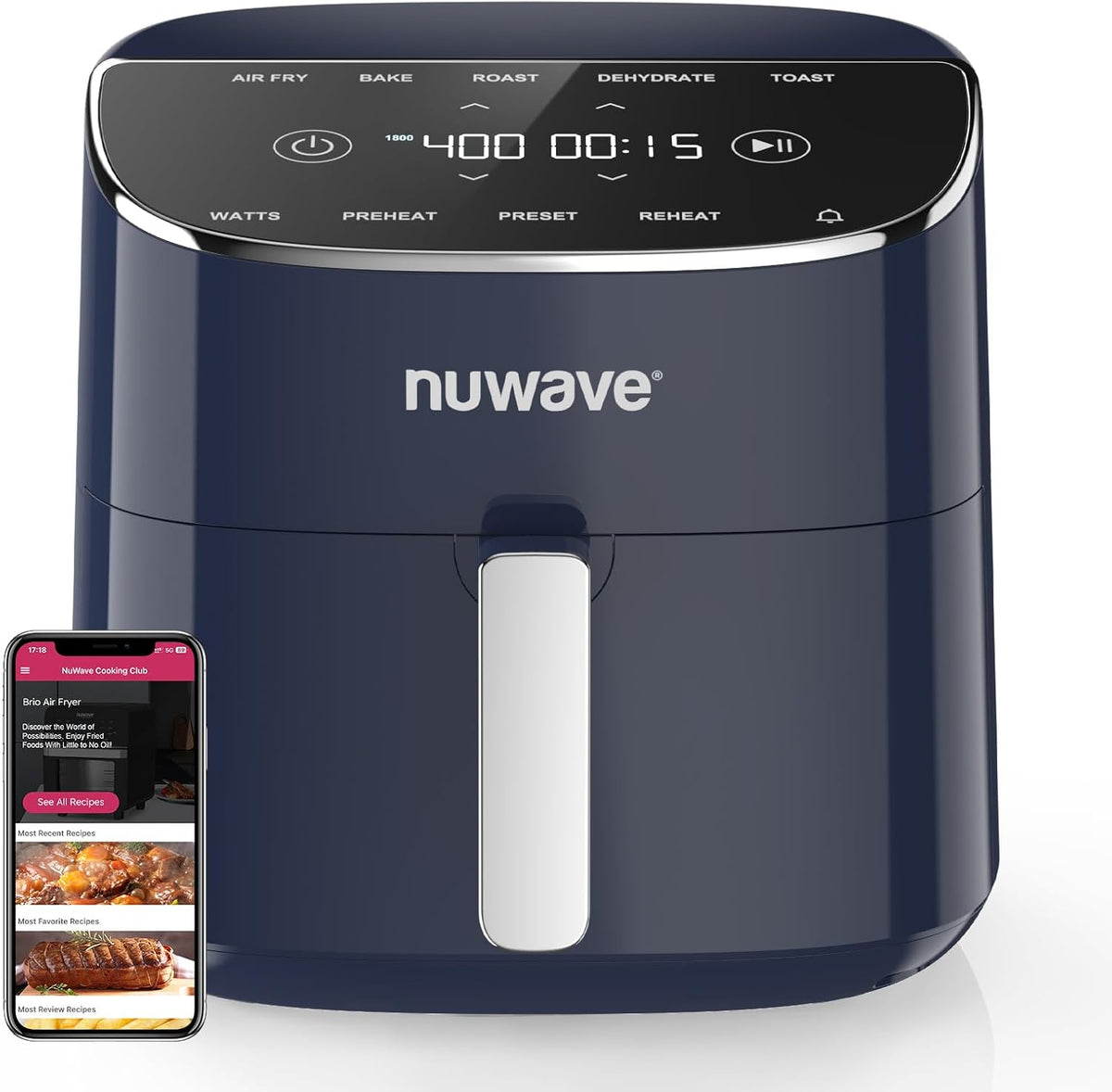 Nuwave Brio Plus Air Fryer 8 Qt, New & Improved, PFAS-FREE, 7 Digital One-Touch Cook Functions that AIR FRY, BAKE, ROAST, DEHYDRATE, TOAST, REHEAT, PREHEAT, 150 Presets, 50°F~400°F (Deep Blue)