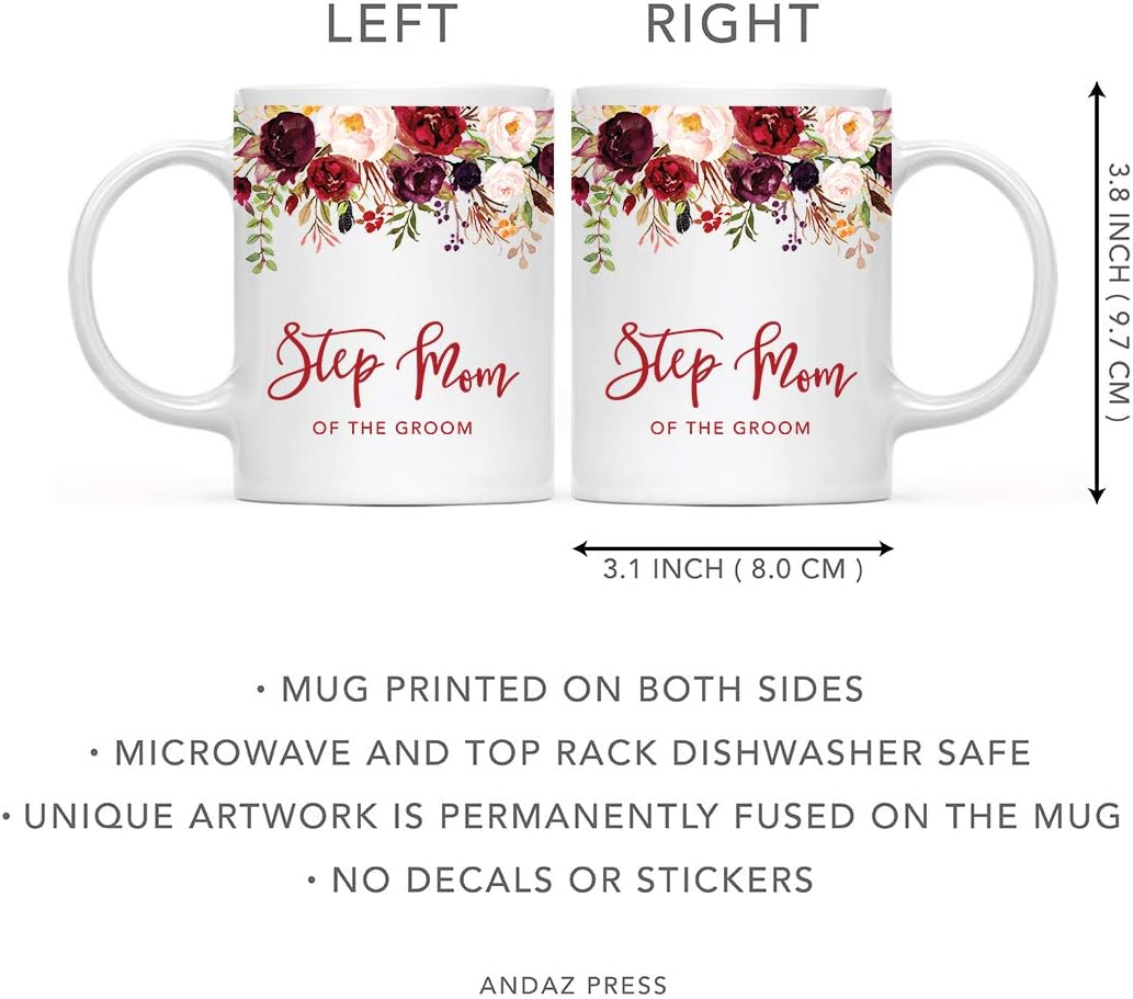 Andaz Press 11oz. Wedding Ceramic Coffee Tea Mug Gift, Fall Autumn Marsala Burgundy Flowers Roses Florals, Step Mom of the Groom, 1-Pack, Includes Gift Box