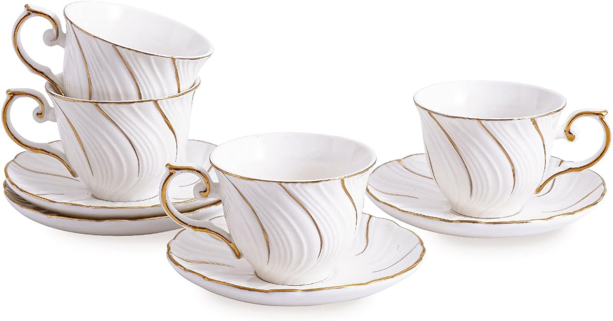 Ceramic Mini Espresso Cups Set of 4,3oz Espresso Mugs with Saucer,Porcelain Coffee Mugs Demitasse Cups, Modern Style cups for Latte, Cafe Mocha(4, White with gold thread)