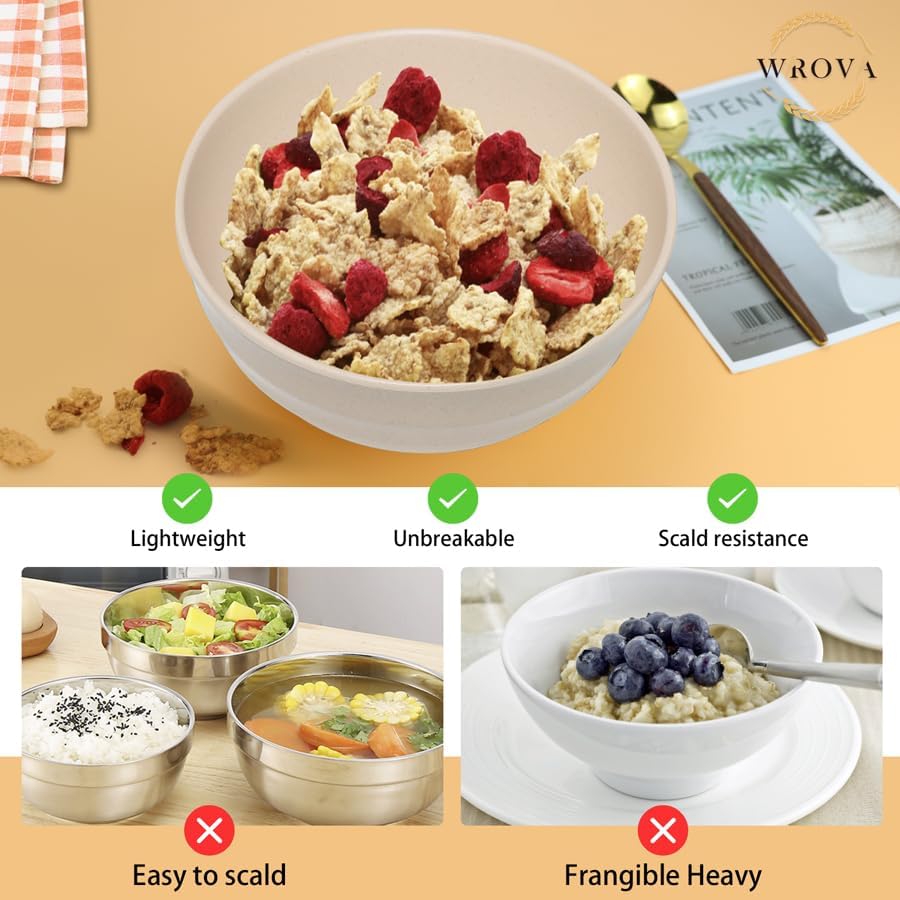 Wheat Straw Bowls Set 60 OZ, Unbreakable Large Beige Bowls Set of 6, Microwave & Dishwasher Safe Big Cereal Bowl for Picnic and Party BPA Free Salad Bowl for Serving Oatmeal and Popcorn (Beige)