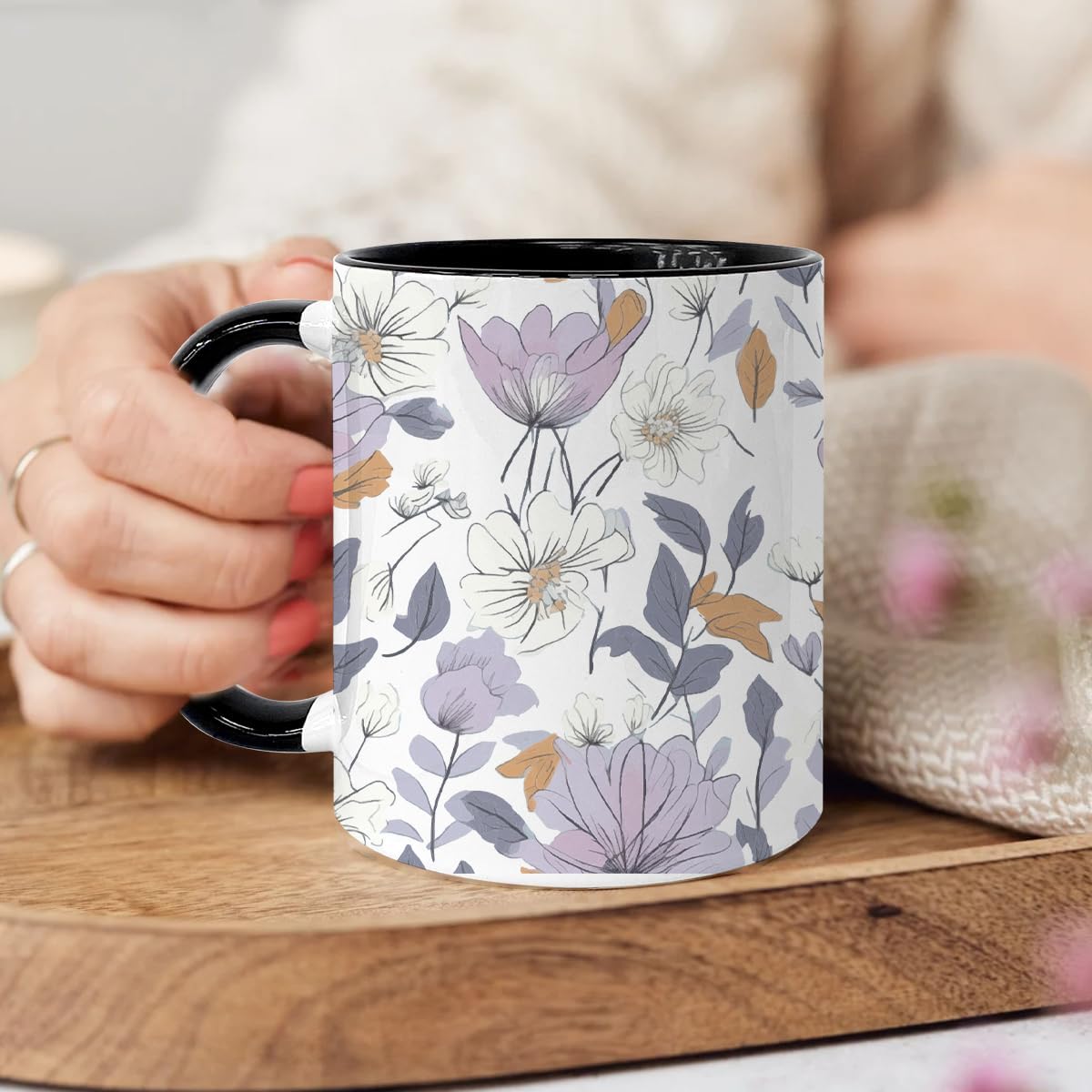 Vintage Flower Coffee Mug, Special Coffee Mug for Mothers, Gifts for Her Fall floral Cup, Beautiful Purple Wildflowers Inspirational Coffee Tea Cup for Her Birthday