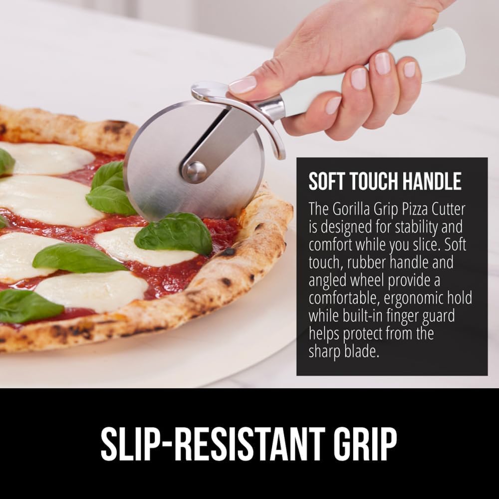 GORILLA GRIP BPA-Free Large Pizza Cutter Wheel, 9 Inch, Sharp Stainless Steel Blade, Slip Resistant Handle with Thumb Guard Protection, Slice Thick or Thin Pizzas, Pie, Pastries in Seconds, White