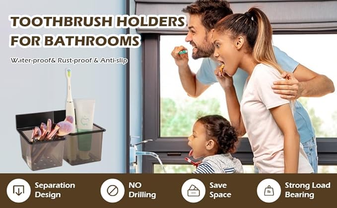 Toothbrush Holder Toothpaste Holder with Wall Mount for Family, Metal Frame & Plastic Black Bathroom Organizer Set with Adhere Tape for Bathroom -one Pack