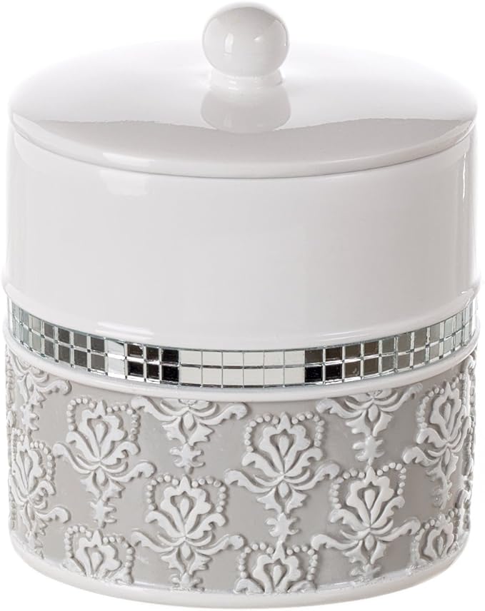 Creative Scents Mirror Damask Qtip Holder - Decorative Qtip Holder Canister Jar, Durable Cotton Swab Ball Holder/Container - Bathroom Vanity Accessories (Gray & White)