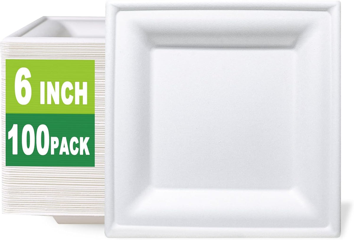 GreenWorks 100 Count 6 Inch Small Square Compostable plates, Heavy Duty Bagasse and Bamboo Fiber Plates