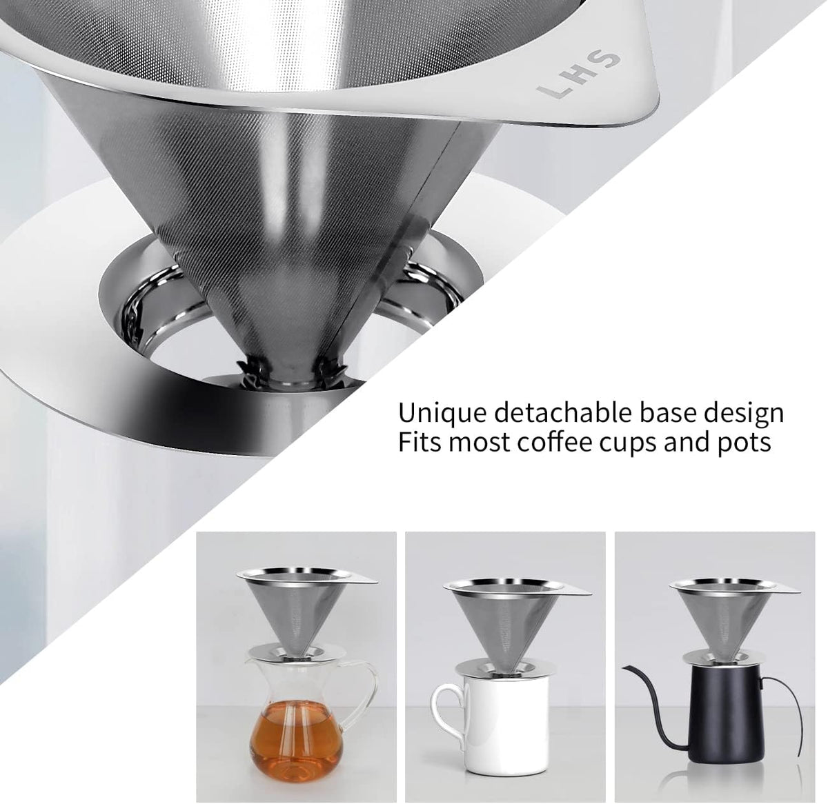 LHS Pour Over Coffee Dripper Reusable Coffee Filter Paperless Coffee Filter Stainless Steel Pour Over Coffee Maker Cone Coffee Dripper for 1-2 Cup,Silver