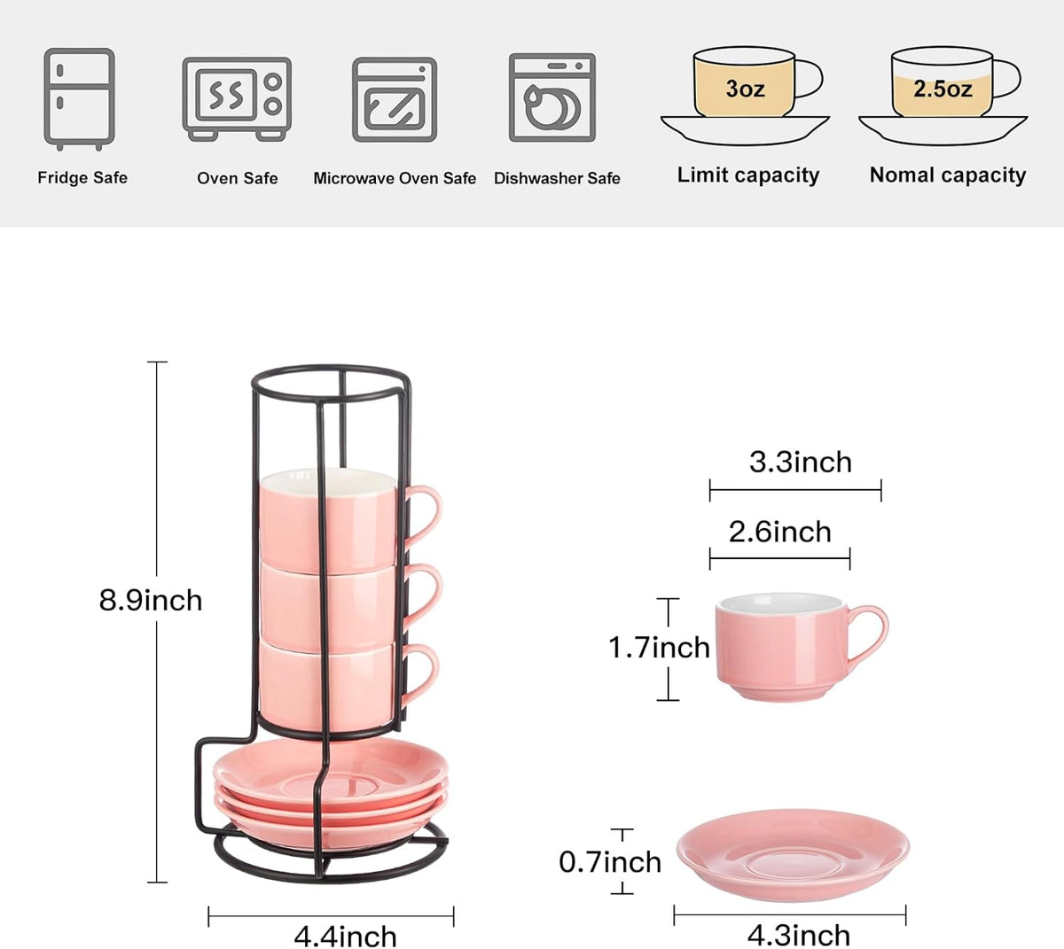 YOLIFE 2.5oz Porcelain Stackable Espresso Cups with Saucers and Metal Stand Set of 4, Stackable Cappuccino Cups, Pink Expresso Shots Cup Set for Coffee Drinks, Latte, Tea