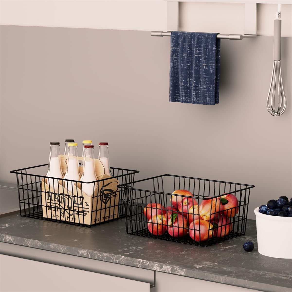 SANNO Large Freezer Baskets Metal Storage Organizer Bin Basket Wire Storage Basket for Kitchen Pantry Bathroom Large Metal Farmhouse Food Fruit Produce Organizer Bins,black,3