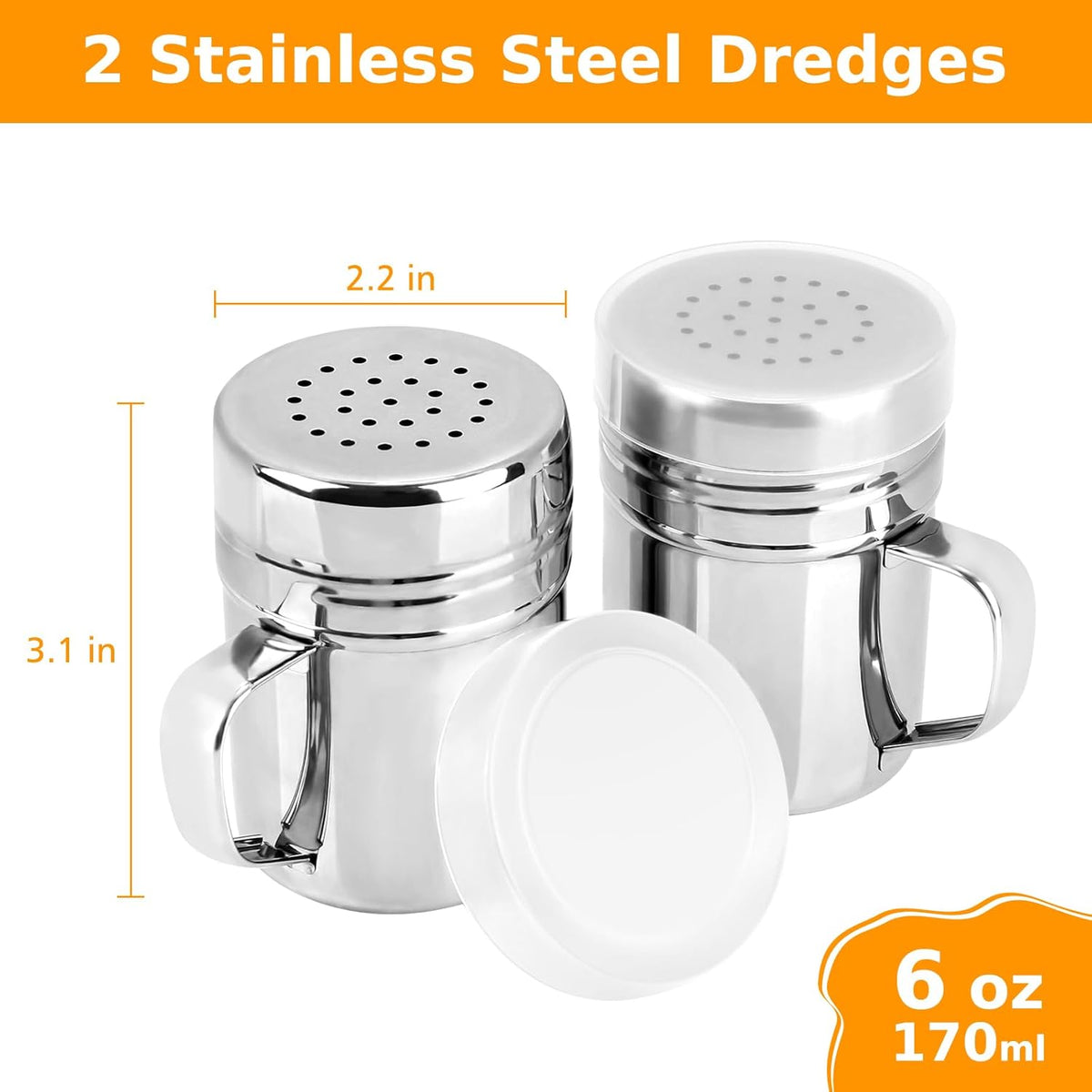 Accmor 2pcs Stainless Steel Dredge, Salt Pepper Dredge Shakers with Handle, Seasonings Spice Shakers with Lid, 6 Ounce