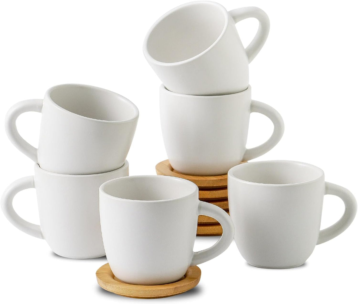 Hasense Cappuccino Cups with saucers, 6 Ounce Ceramic Coffee Mugs Set of 6 Perfect for Espresso, Specialty Coffee Drinks, Latte, Cafe Mocha and Tea, White