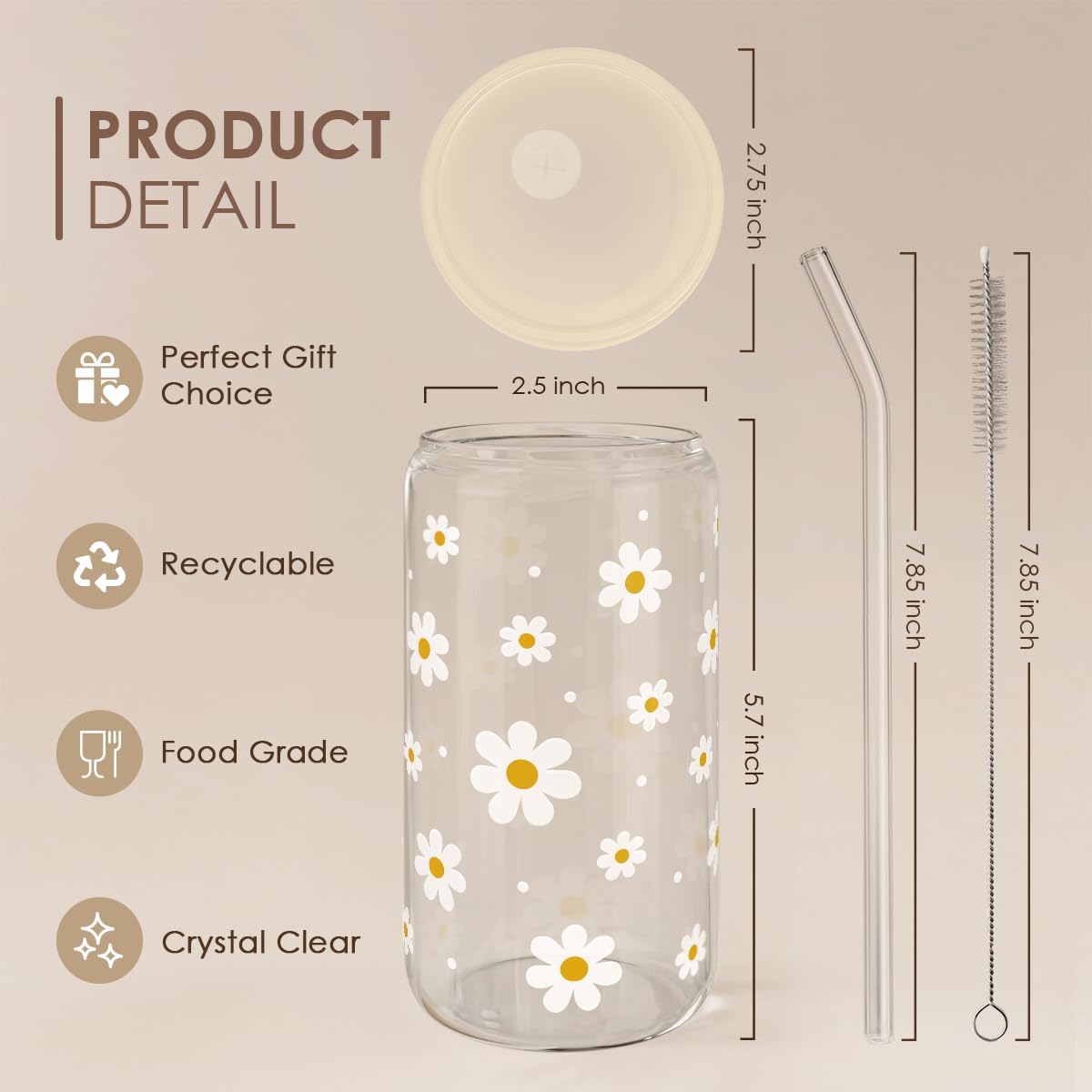 Daisy 16 Oz Can Glass Tumbler with Acrylic Lid and Straw - Iced Coffee Cups for Women, Aesthetic Glass Cup Gift for Birthday Christmas