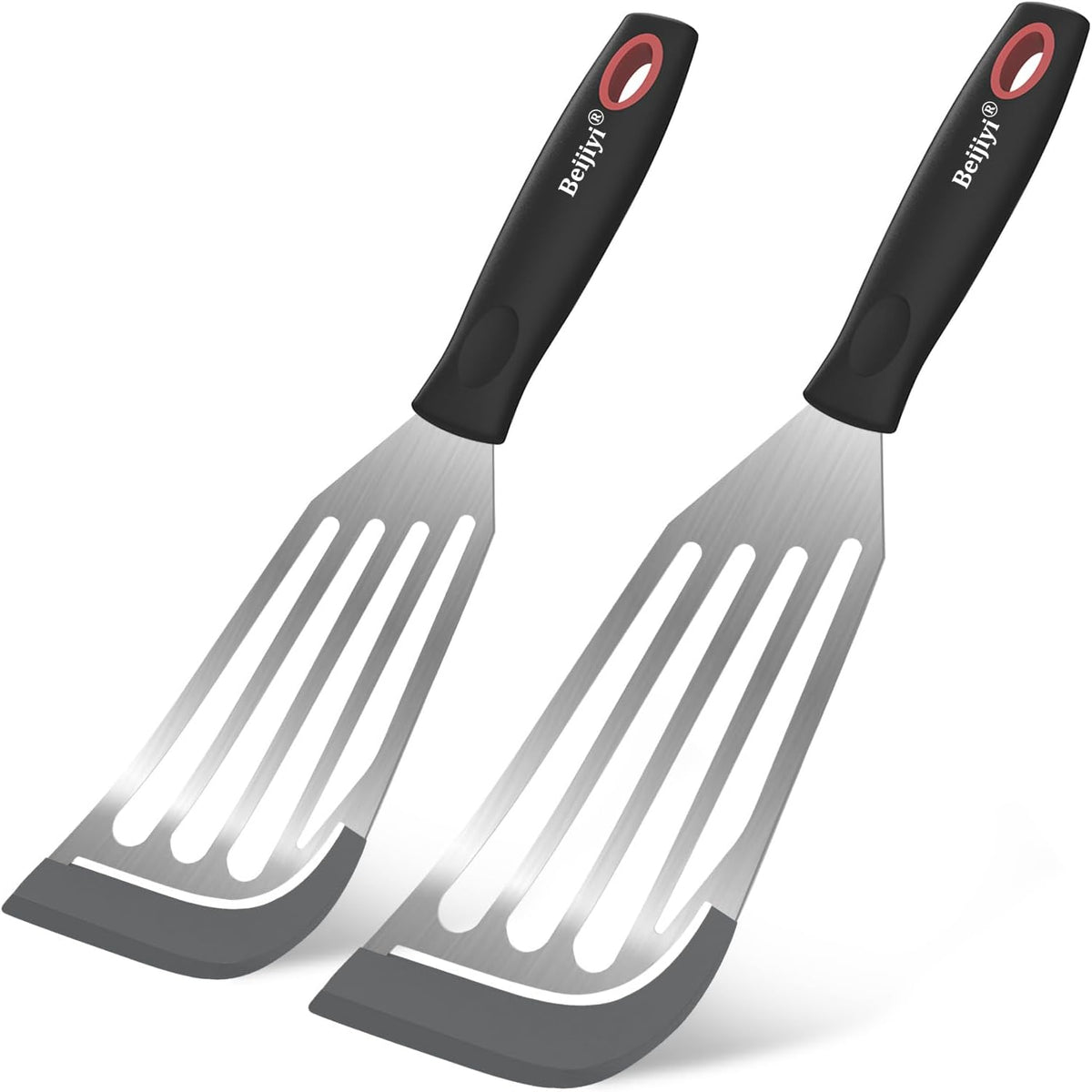Beijiyi Heat Resistant Silicone Fish Spatulas, 2-Piece Slotted Fish Turner Spatula Set for Non Stick Frying Pan, Kitchen Cooking Utensils Flexible Thin Egg Flipper, 12.3" & 10.6", Gray Silicone Edge