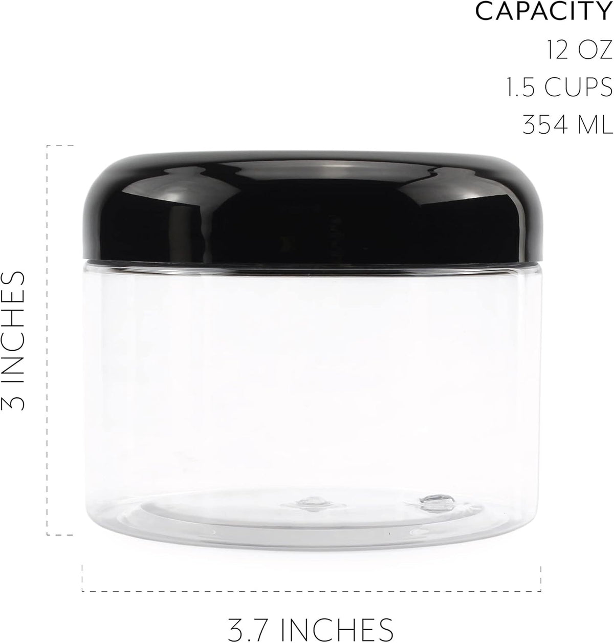 Cornucopia Brands 12 Ounce Clear Plastic Jars w/Black Plastic Lids (6-Pack); BPA Free PET Stackable Canisters for Bathroom & Kitchen Storage