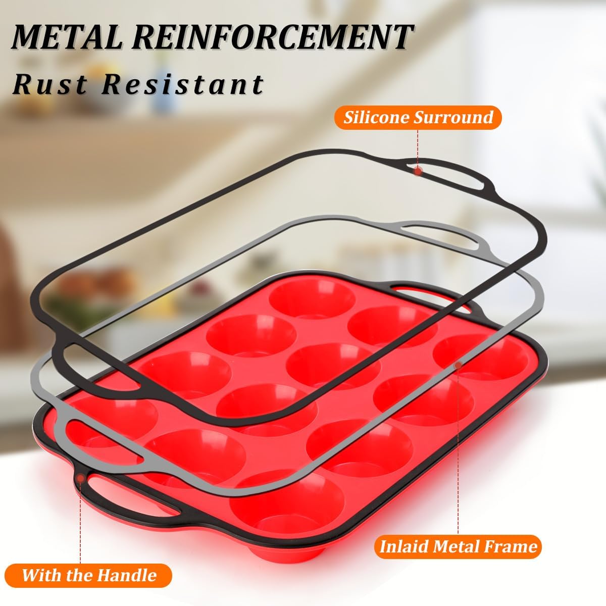 CAKETIME Silicone Muffin Pan with Metal Reinforced Frame Regular Size Muffin Pan with Handle Easy to Move 12 Cups for Baking Nonstick Muffin Tin BPA Free 1 Pack