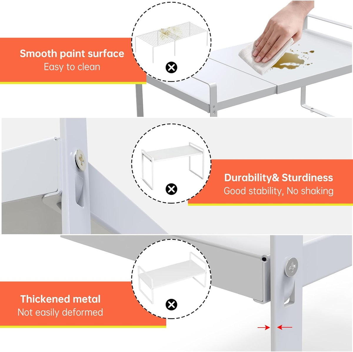 Adjustable Kitchen Shelf Organizer 9", (2 Pack) Heavy-Duty Cabinet Shelves for Countertop, Pantry & Microwave, Expandable Space-Saving Storage Rack with Non-Slip Pads, White