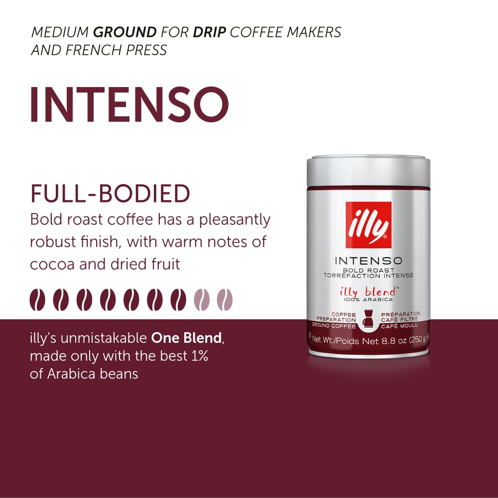 Illy Ground Drip Coffee - Intenso Bold Roast - Bold & Flavorful - 100% Arabica - Pre-Ground for Drip Pour Over - Pressurized Packaging Sealed for Freshness - 8.8oz (Pack of 6)