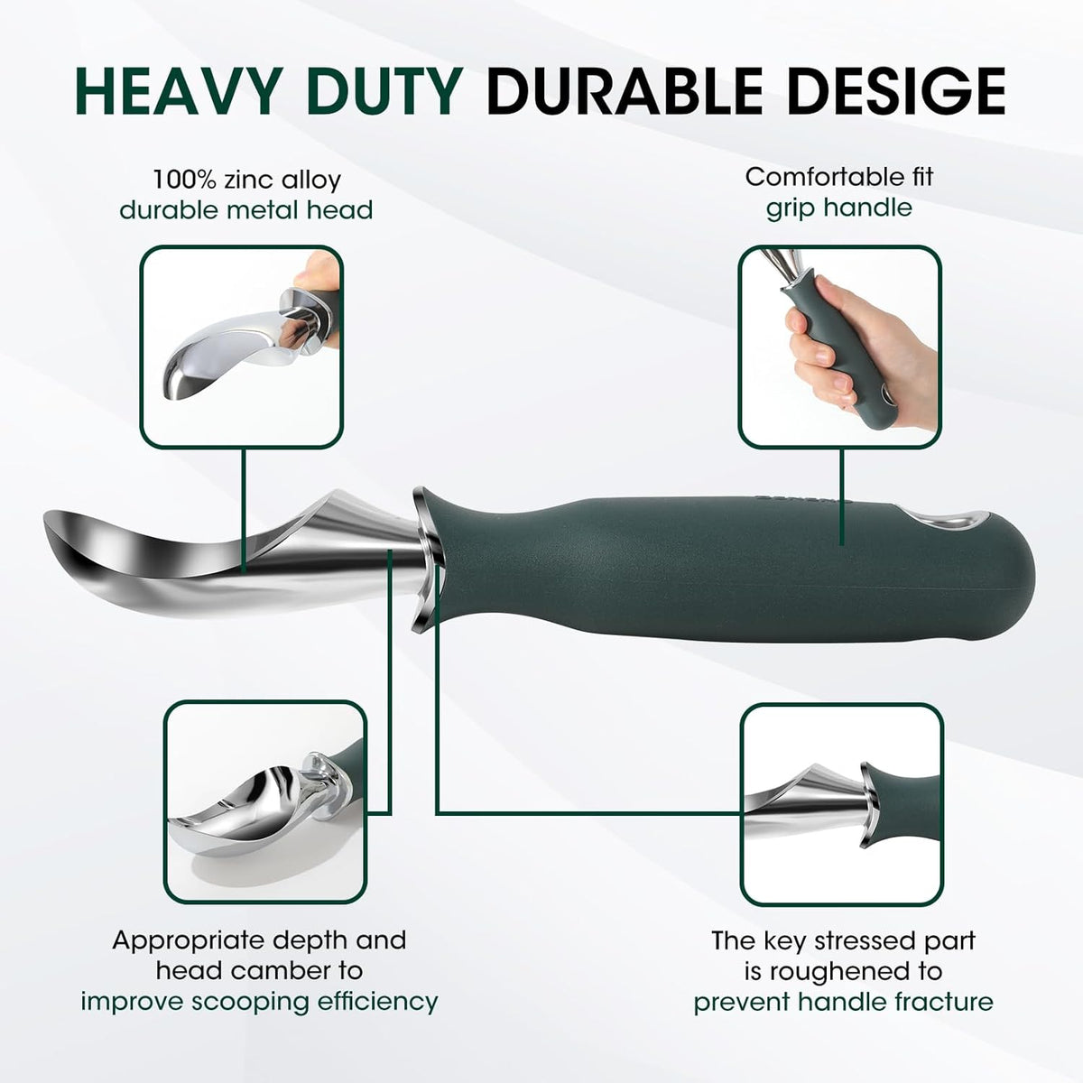 Beneno Heavy Duty Ice Cream Scoop - Upgraded Anti-Fracture Design, Comfortable Grip Long Handle, Effortless Scooping & Dishwasher Safe, Green