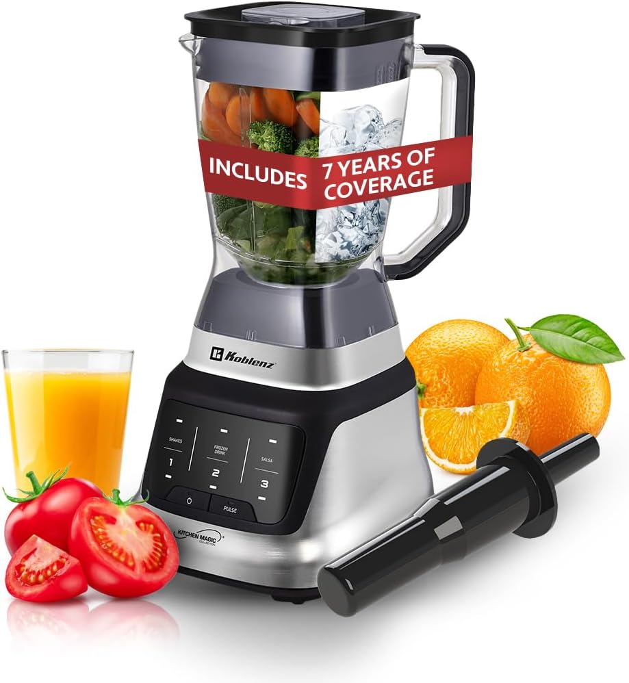 Koblenz Professional Blender, Countertop Blender for Shakes and Smoothies with 3 Speeds, 1200-W Motor, 68 Oz. Capacity, Super Silent Operation, Includes Tamper Accessory, Black/Chrome, LKM-9406
