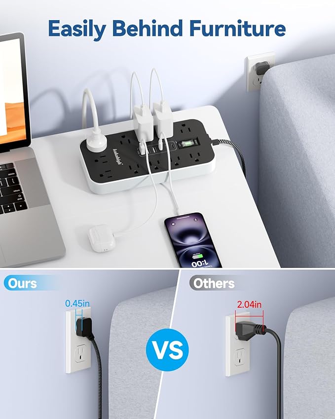 Flat Plug Extension Cord with Multiple Outlets- 5 FT USB Power Strip, 1625W AC Extension Cord with 11 AC Outlet 6 USB (24W/4.8A), Desk Charging Station for Home, Office, Dorm, Gaming Room Essentials