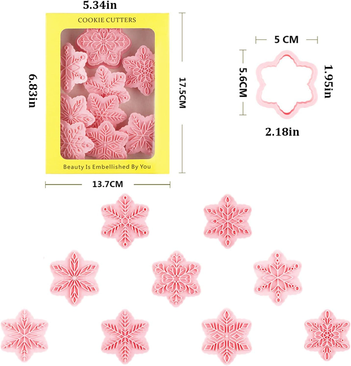 9pcs Christmas Cookie Cutter Set Snowflake Cookie Cutters with Plunger Stamps Biscuit Mold 3D Snowflake Cookie Molds Cake Baking Fondant Cutter Christmas Party DIY Cookie Decorating Supplies (A)