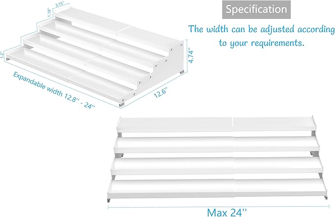Expandable 4-Tier Step Spice Rack Organizer for Kitchen Cabinet Modern Design and Non Skid Space Saving Storage Shelf for Countertop Cabinets Pantry(1Pack/White)