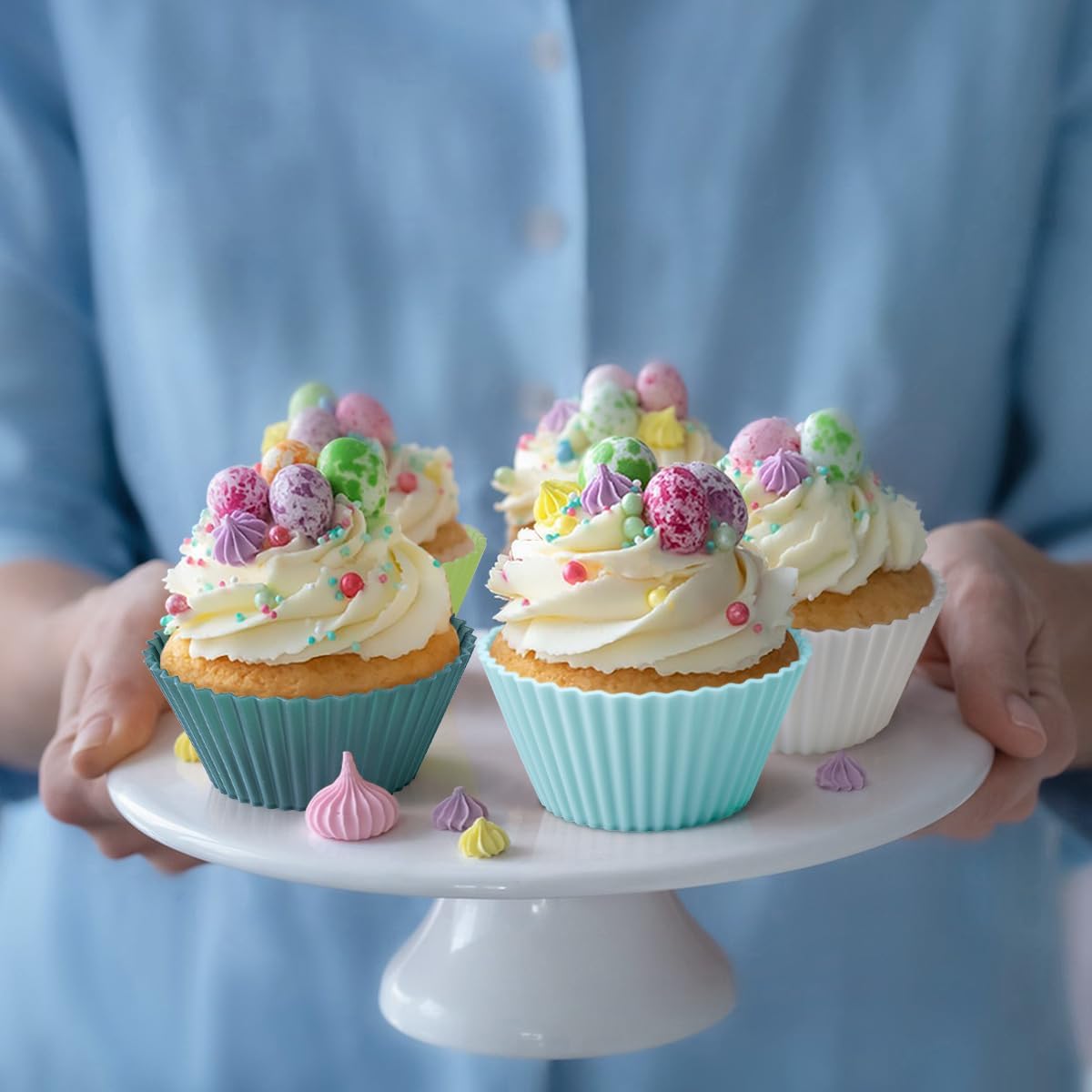 Silicone Cupcake Liners, Upgrades 36 Pack Reusable Baking Muffin Cups Nonstick 3 Shapes Pastry Cake Molds Bento Lunch Box Dividers