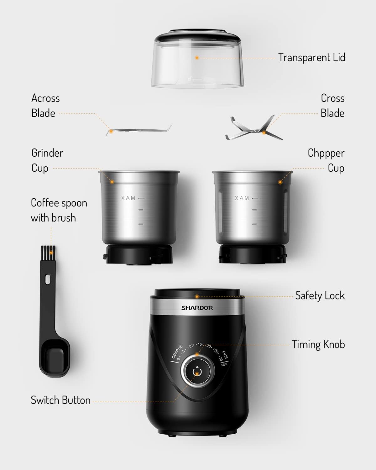 SHARDOR Electric Super Silent Blade Coffee Grinder, Timed Grind Control Rotary Knob, Adjustable Coarse to Fine for Coffee Beans, Spices & Herbs, with 2 Removable Stainless Steel Bowl, Black