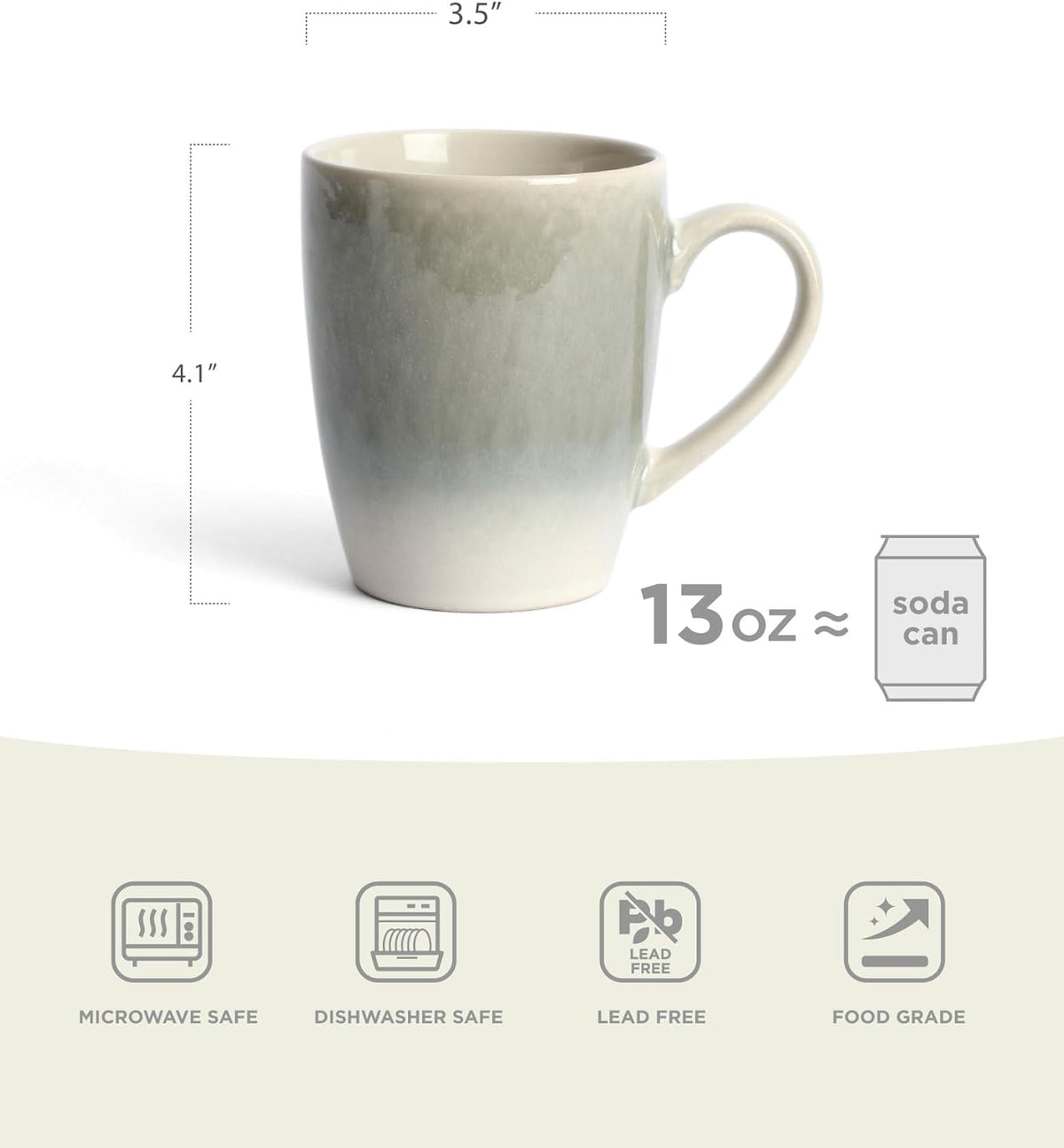 famiware Coffee Mugs Set, 13 oz Mug Set of 6, Stoneware Cups for Latte, Hot Tea, Mocha, Cocoa, Cappuccino, Microwave and Dishwasher Safe, Glacier Series, Sage Green