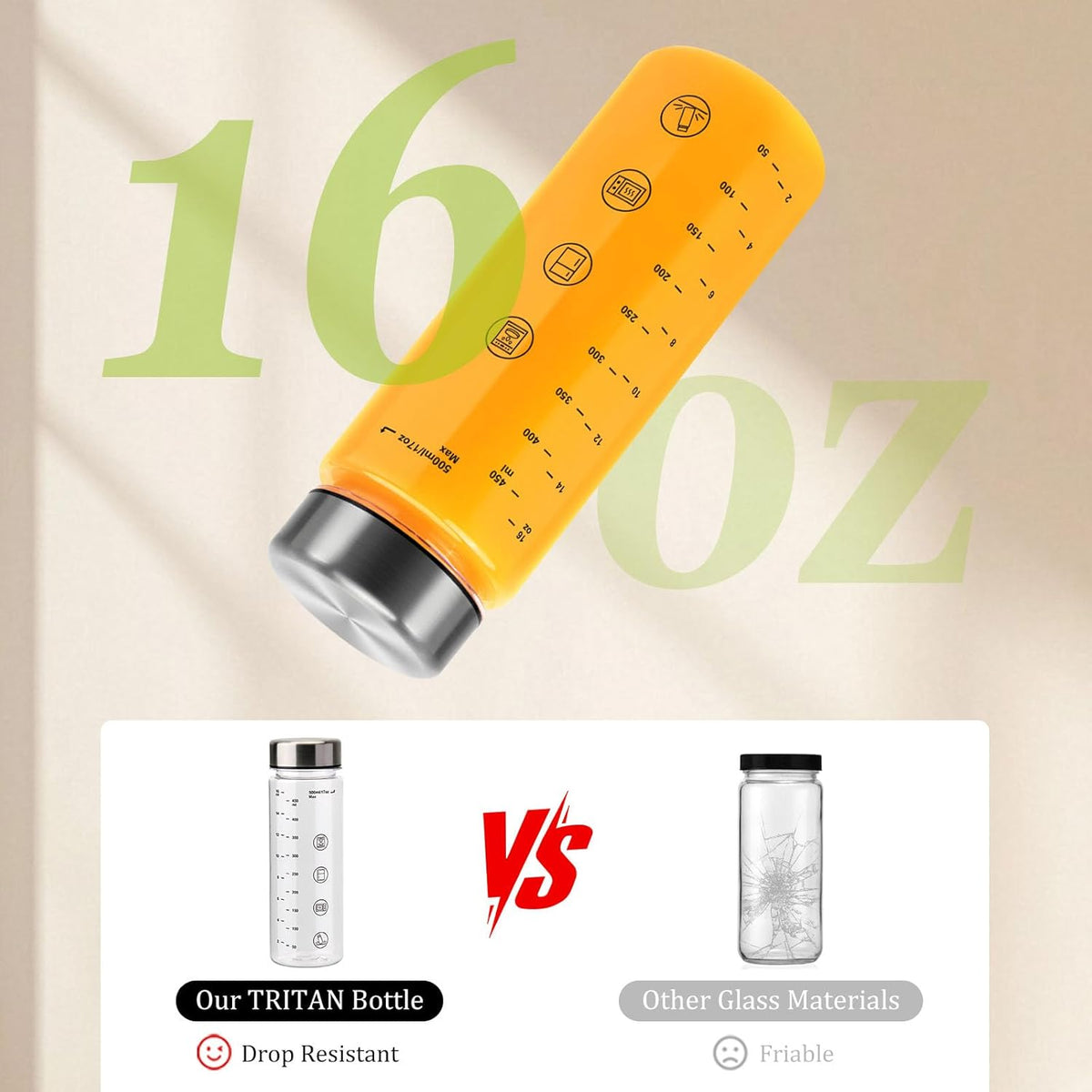 2 Pack Juice Bottles with Caps - Wide Mouth Resuable Clear Plastic Water Bottles for Juicing,Smoothie,Protein, Beverage,Storage Containers,BPA Free,Leakproof Stainless Steel Lid(16 Ounces)