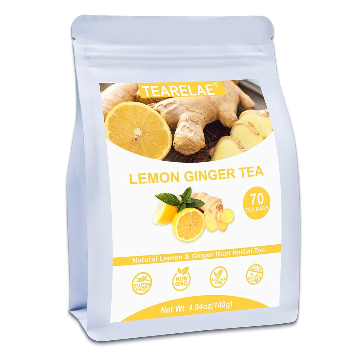 TEARELAE - Lemon Ginger Tea Bags, 70 Count - Natural & Pure Herbal Tea with Ginger Root, Lemon, Lemongrass - Non-GMO - Caffeine-free - Support Healthy Digestion
