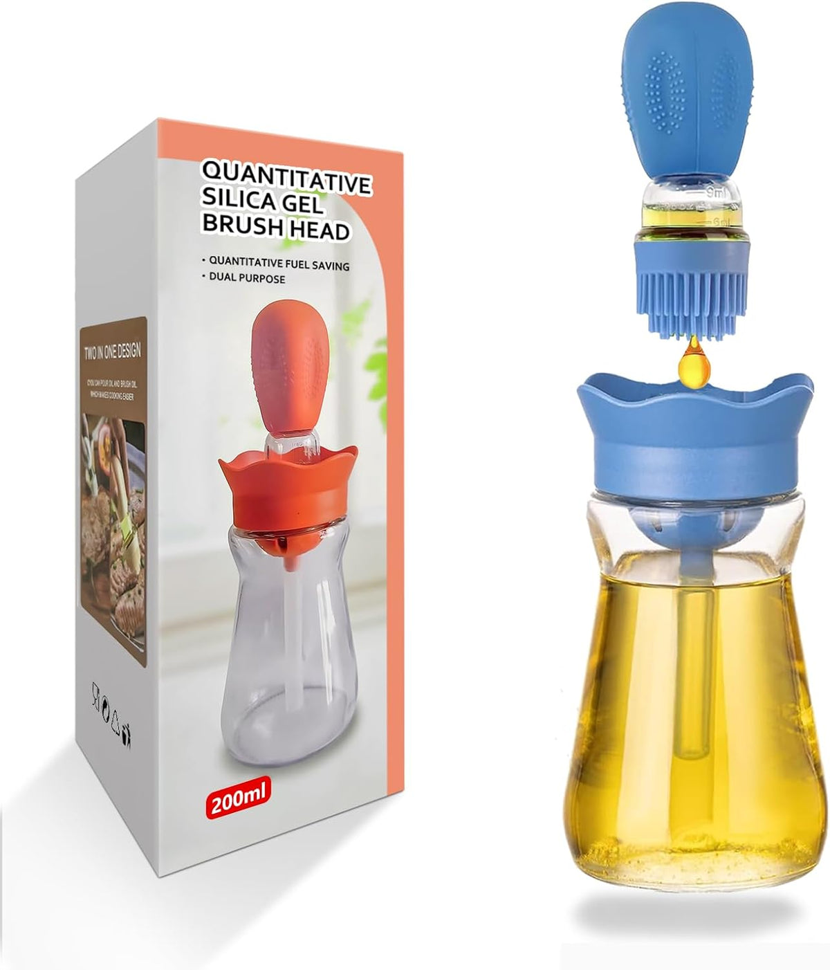 Oil Dispenser Bottle with Silicone Brush, 200ML 2 in 1 Silicone Dropper Measuring Oil Dispenser Bottle for Kitchen Cooking, Frying, Baking, BBQ Pancake, Air Fryer, Marinating - Blue