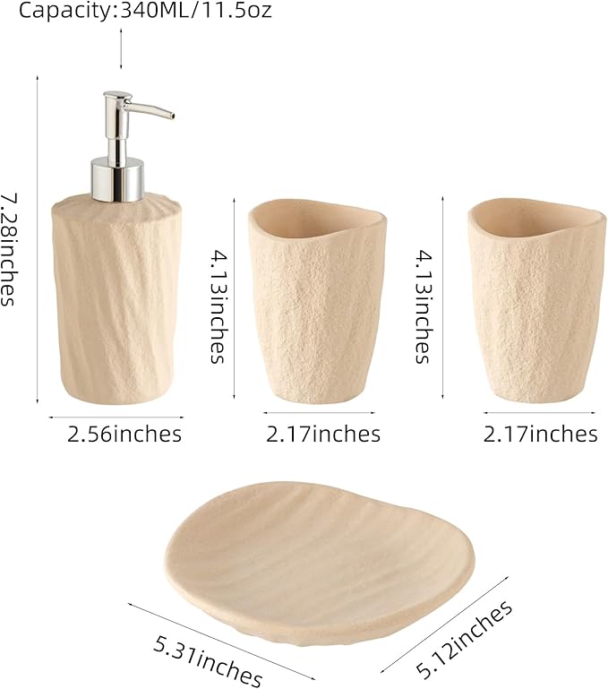 Bathroom Accessories Set, 4 PCS Modern Stone Look Bathroom Accessory Set with Hand Soap Dispenser 11.5 OZ, Tumblers, Toothbrush Holder, Bar Soap Dish Holder Saver (Yellow)