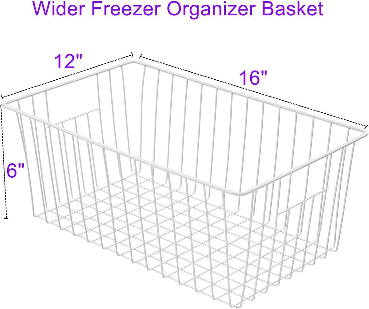 16Lx12Wx6H inch Wider Freezer Organizer Baskets Container, Refrigerator Metal Wire Storage Bins with Handles for Kitchen, Pantry, Cabinet, Closets - Pearl White（4 Packs