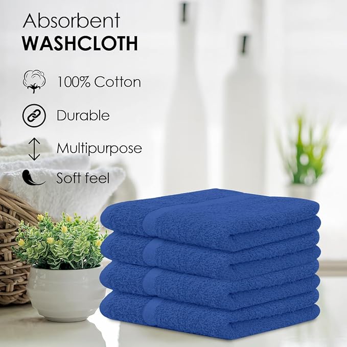 Avalon Towels Cotton Washcloths – (Pack of 60) Size 12x12 Inches, 100% Ring Spun Cotton, Soft & Absorbent Face Towels, Gym Towels, Hotel and Spa Quality, Reusable Fingertip Towels (Blue)