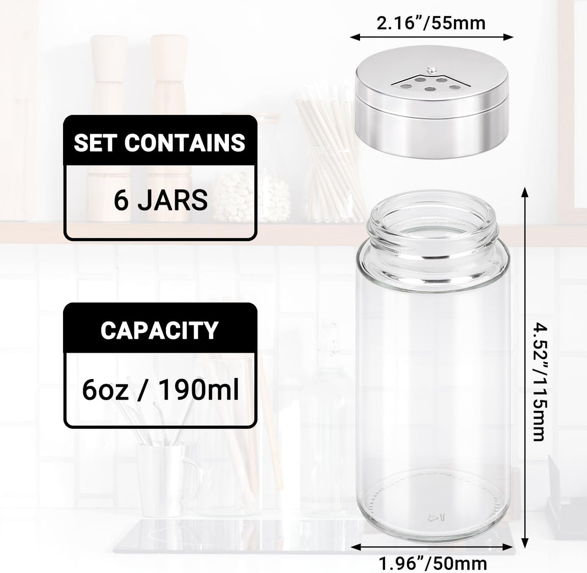 Segarty Spice Jar with Shaker Lids, 6 Pack 6 oz Spice Jars with Adjustable Pour Large Holes for Herbs Grains, Empty Glass Spices Bottles Seasoning Containers Salt Pepper Shakers