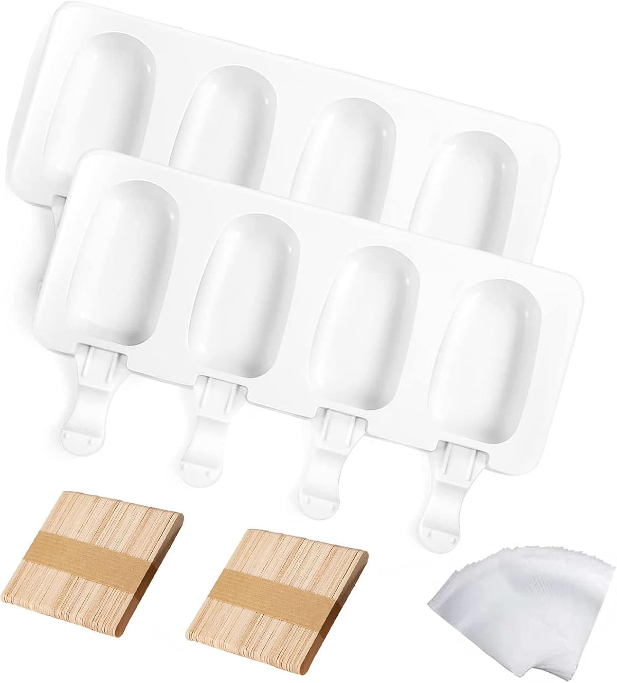 2 Larger Cakesicle Molds Silicone with 100 Wooden Sticks & 100 Parcel Bags, Silicone Popsicles Molds, Cake Pop Mold, Ice Pop Mold 4 Cavities DIY Ice Cream Mold