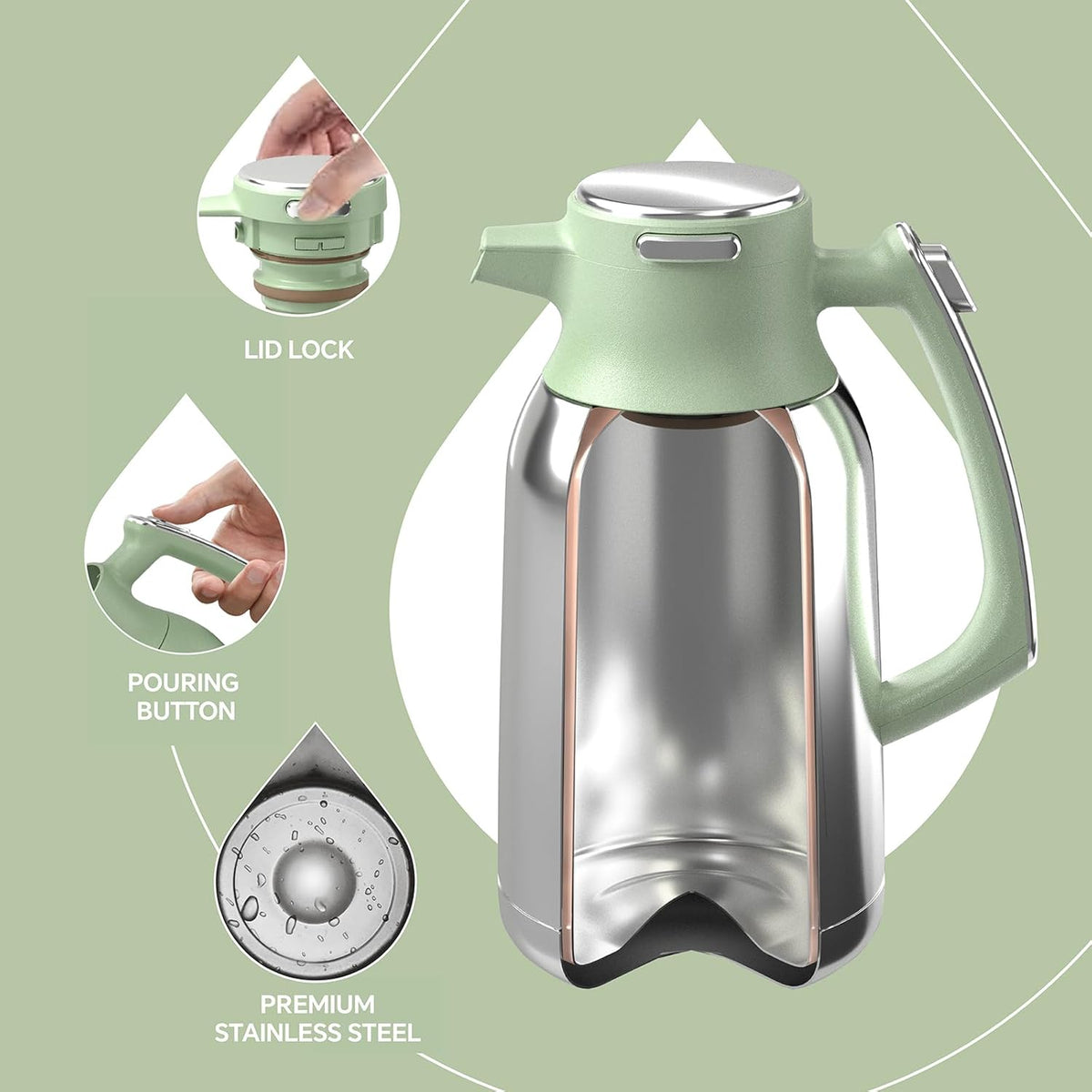 IDEUS Thermal Coffee Carafe 68oz (2,000ml), Stainless Steel Double Wall Insulated Vacuum Flask, Water Jug Coffee Server and Beverage Dispenser, Heat and Cold Retention (Avocado, 68oz (2,000ml))