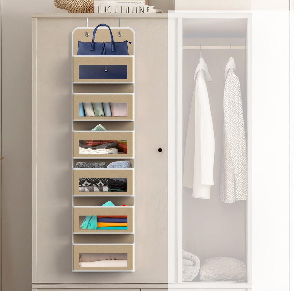 SIMPLE HOUSEWARE 6 Clear Window Pocket Over Closet Door Storage Hanging Organizer for Bedroom, Bathroom, Pantry, Beige