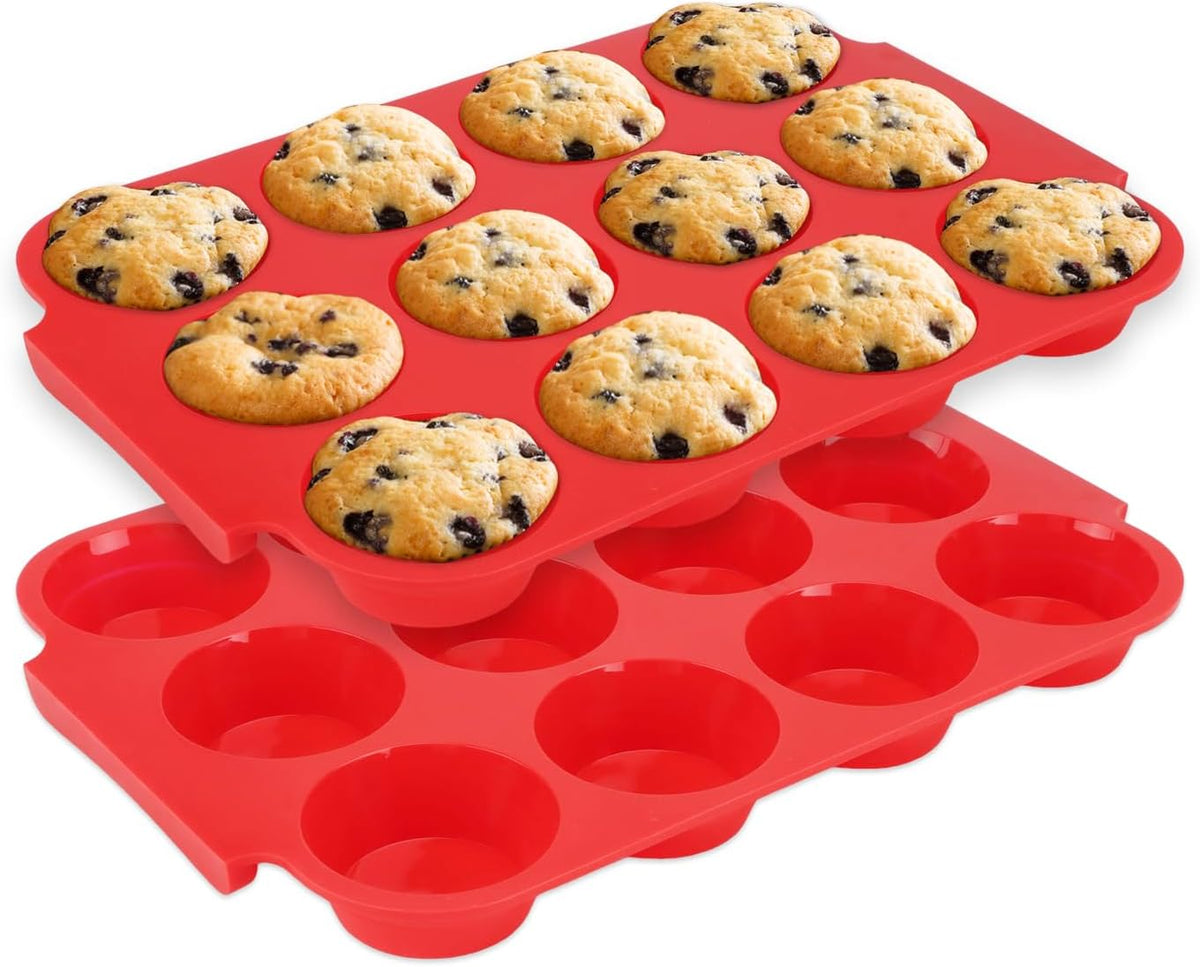 2-Pack Silicone Muffin Pan for Baking – Standard 12-Cup Nonstick Cupcake Pan with Handle, Food-Grade Certified, Odorless, BPA-Free, Silicone Baking Mold for Muffins, Egg Bites, Cupcakes