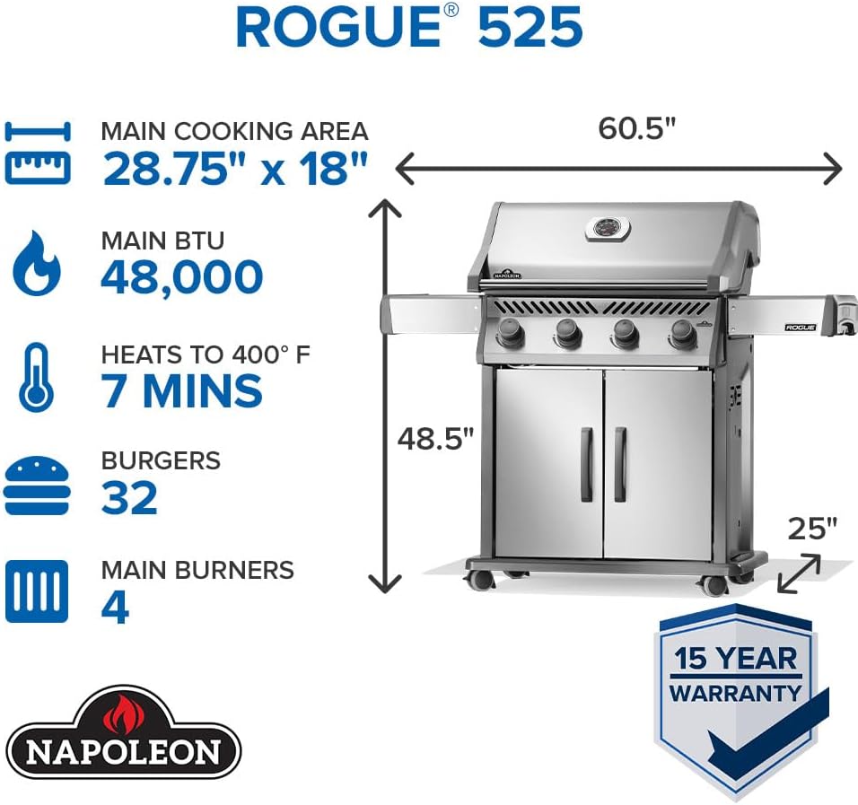 Napoleon Rogue 525 Natural Gas Grill, Stainless Steel, Durable 4-Burner Gas Grill