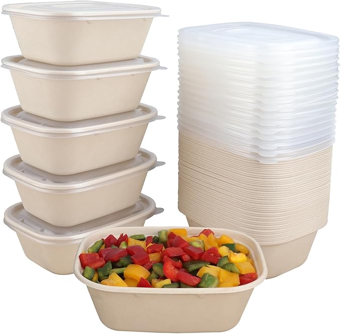 44 oz Disposable salad bowls with lids, Sugarcane Fiber Paper Bowls take away Bagasse food containers meal prep deli container 50 Pack