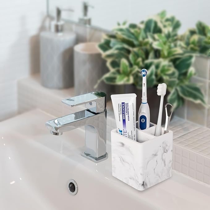 Diatomite Toothbrush Holders for Bathrooms, Electric Toothbrush and Toothpaste Holder 3 Slots Tooth Brush Organizer for Bathroom Countertop, Shower, Vanity - Marble White